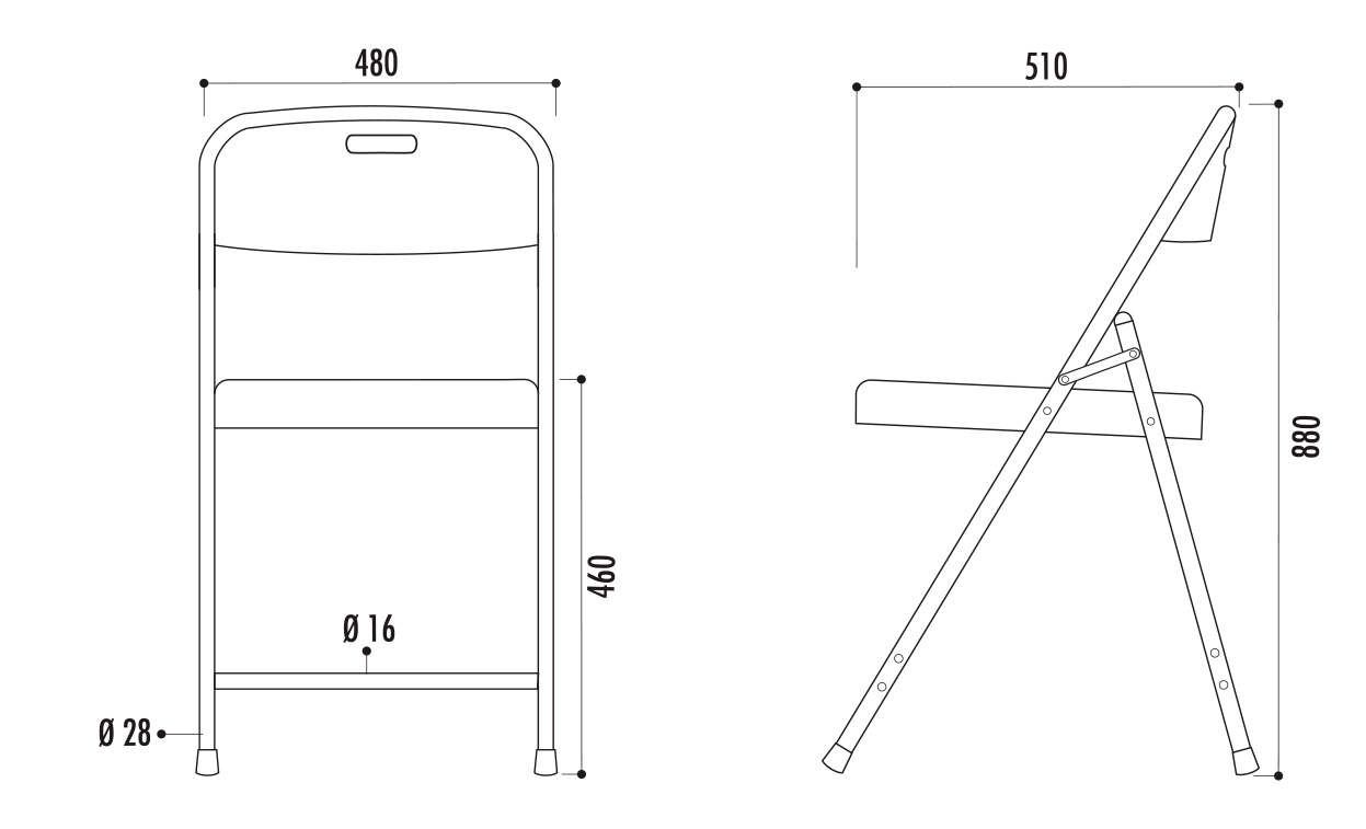 Dessin technique et dimensions de la chaise pliante en polypropylène pour collectivité MALAGA - Cofradis Collectivités